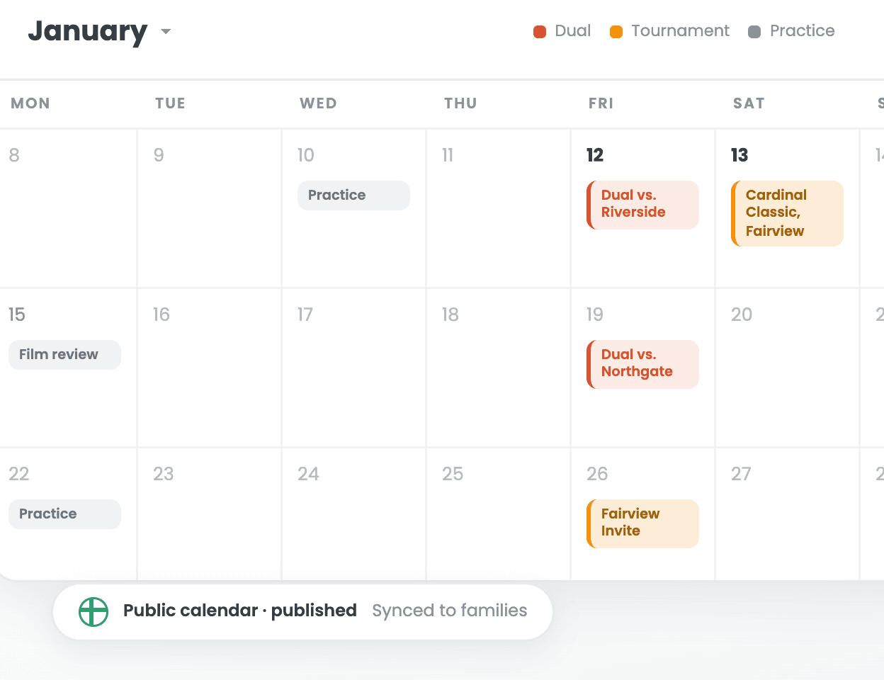 Season calendar with color-coded duals, tournaments, and practices