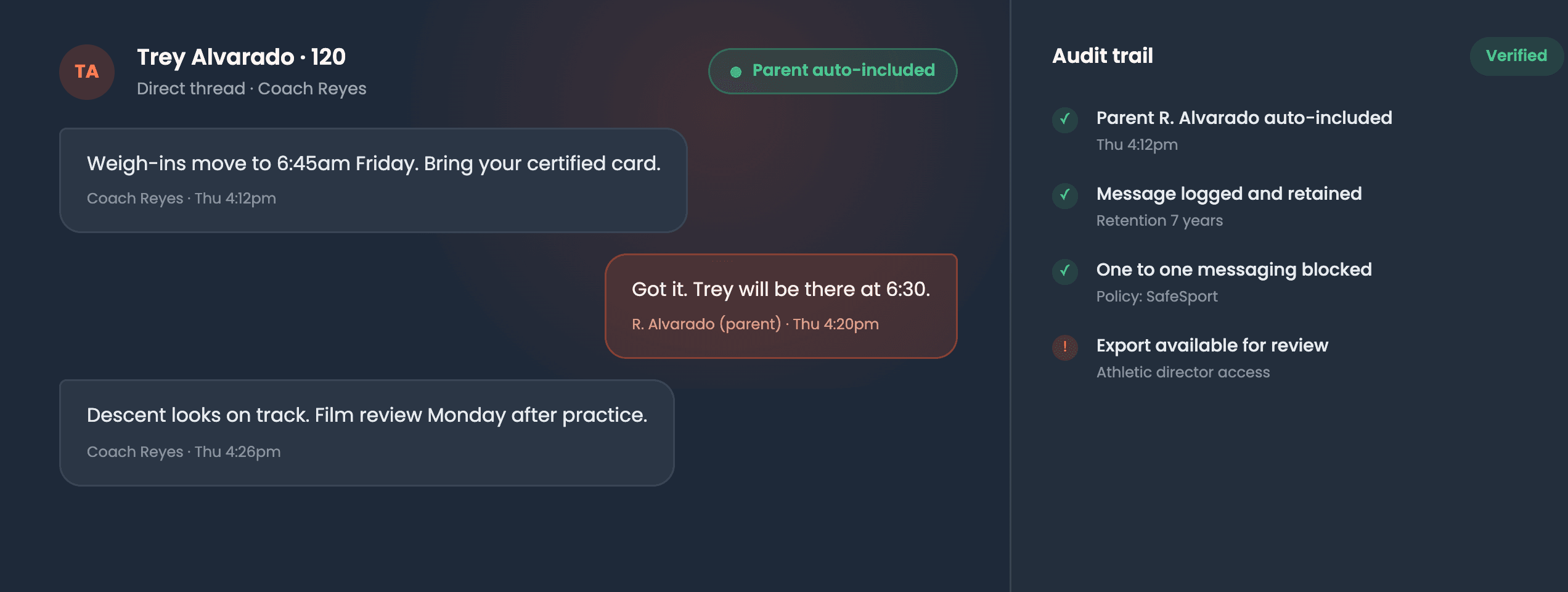 SafeSport-compliant message thread with a parent auto-included and a verified audit trail